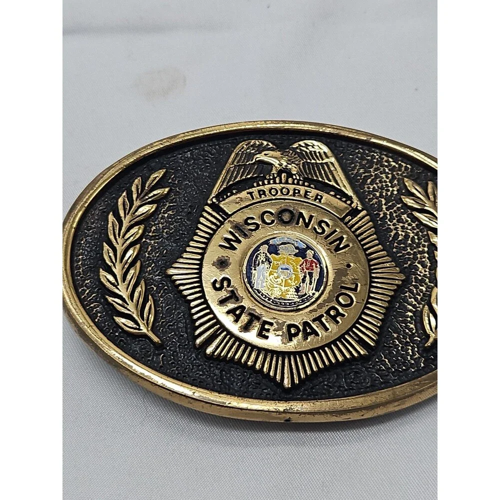 Brass Wisconsin State Patrol Wsp Highway Trooper Police Vintage Belt Buckle